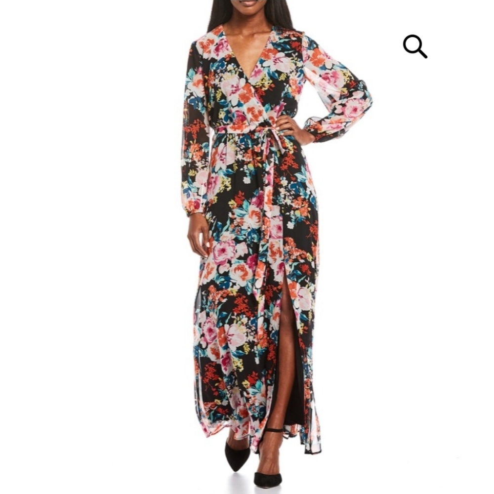 Marina NWT Floral Long Sleeve Maxi Dress - Black and Pink Size 14